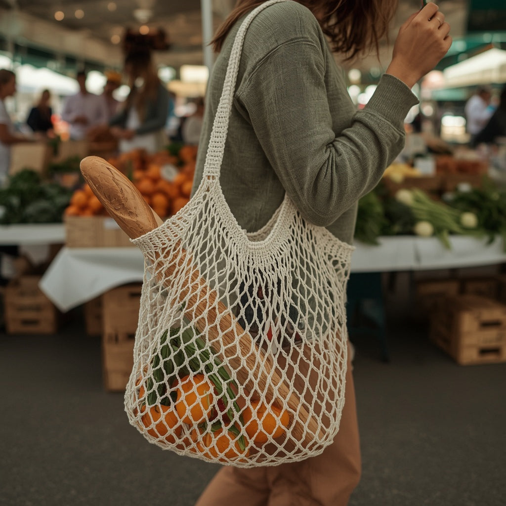 Crochet Cotton Market Tote – Reusable Mesh Shopping Bag, 38 × 40 cm