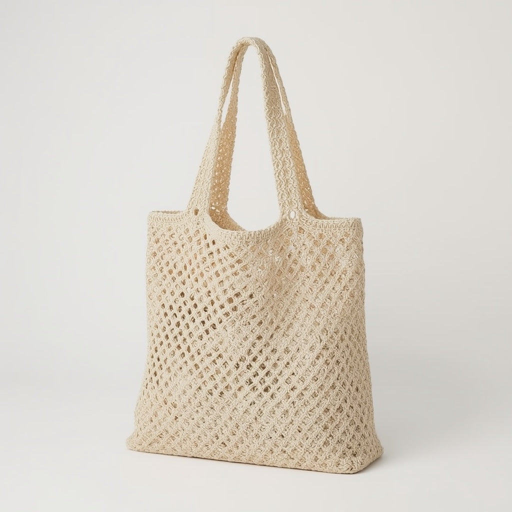 Crochet Cotton Market Tote – Reusable Mesh Shopping Bag, 38 × 40 cm