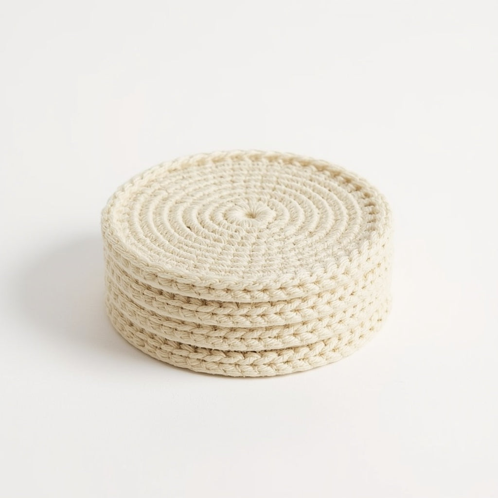 Close-up of crochet cotton coasters by Nofara