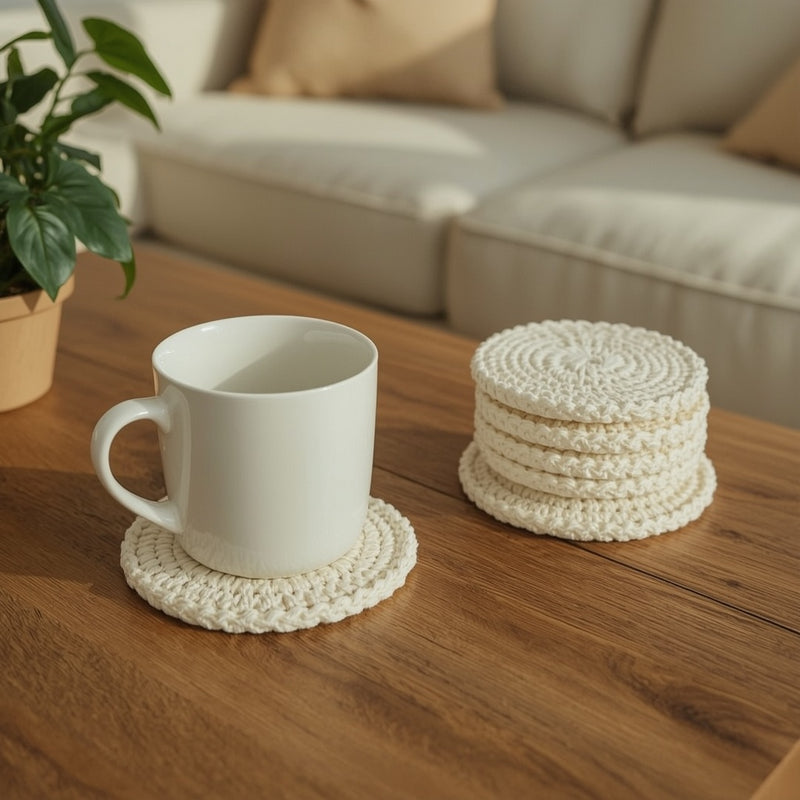 Crochet Cotton Coasters, Set of 6 – Absorbent Round Drink Coasters, 10 cm