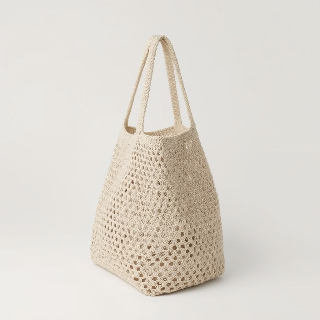 Crochet Cotton Market Tote – Reusable Mesh Shopping Bag, 38 × 40 cm